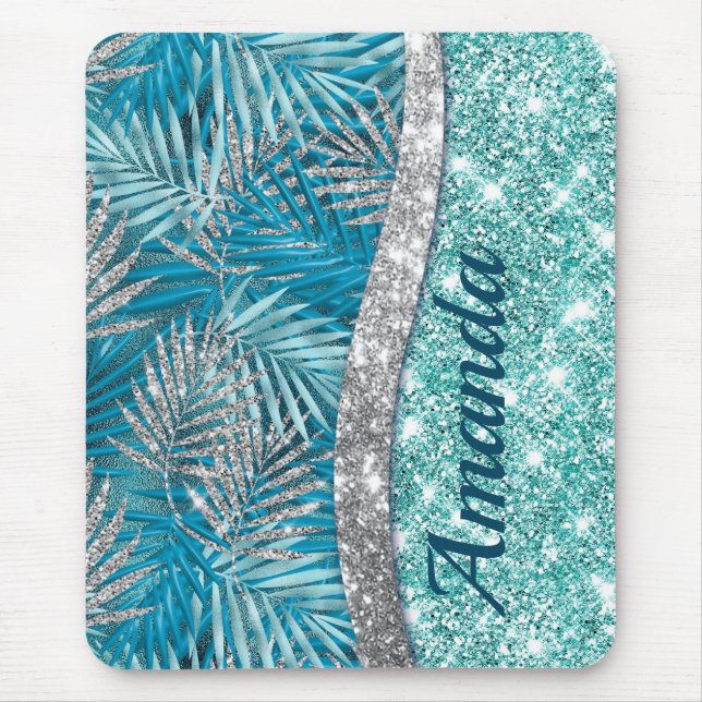 Girly teal green silver glitter leaves monogram mouse pad (Front)