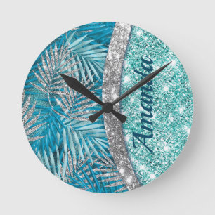 Girly teal green silver glitter leaves monogram round clock