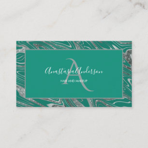 Girly Teal Green Silver Marble Glitter Monogram Business Card