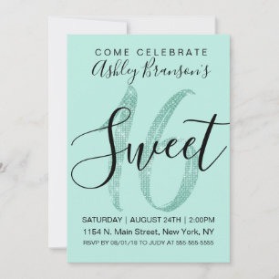 Girly Teal Mint Green Sequin Glitter Sweet 16  Invitation