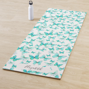Girly Teal Pastel Butterflies Customized Yoga Mat