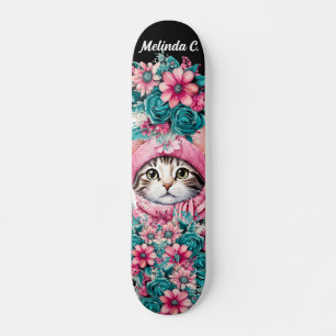 Girly Teal & Pink Flowers Christmas Kitten Skateboard