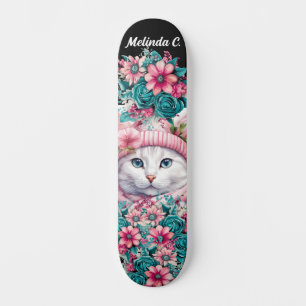 Girly Teal & Pink Flowers Christmas Kitten Skateboard
