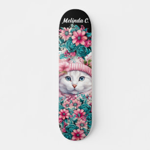 Girly Teal & Pink Flowers Christmas Kitten Skateboard