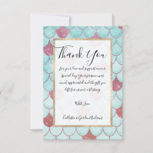 Girly Teal Pink Glitter Watercolor Mermaid Scales Thank You Card