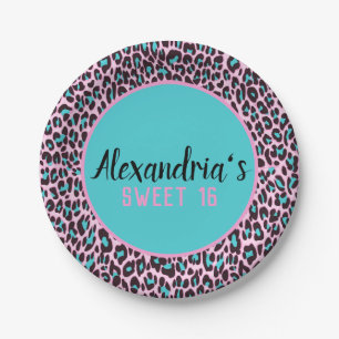 Girly Teal/Pink Leopard Print Sweet 16 Paper Plate