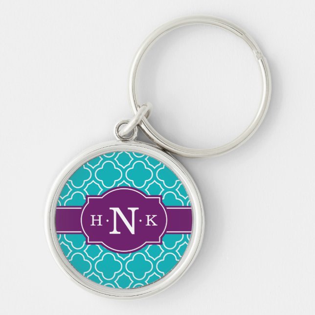 Girly Teal Quatrefoil Pattern Purple Monogram Key Ring (Front)