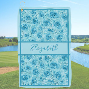 Girly Teal Roses Print custom name ladies Golf Towel