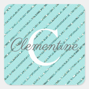 Girly Teal Turquoise Glitter Stripes Monogram Square Sticker
