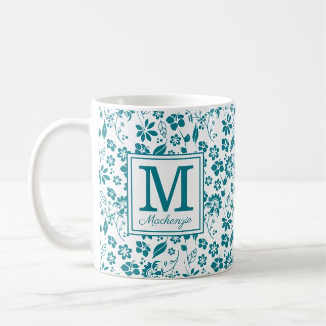 Girly Teal Turquoise Tropical Flowers Monogram Coffee Mug (Left)