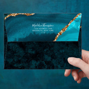 Girly Teal Velvet Agate Geode Script Address Envelope