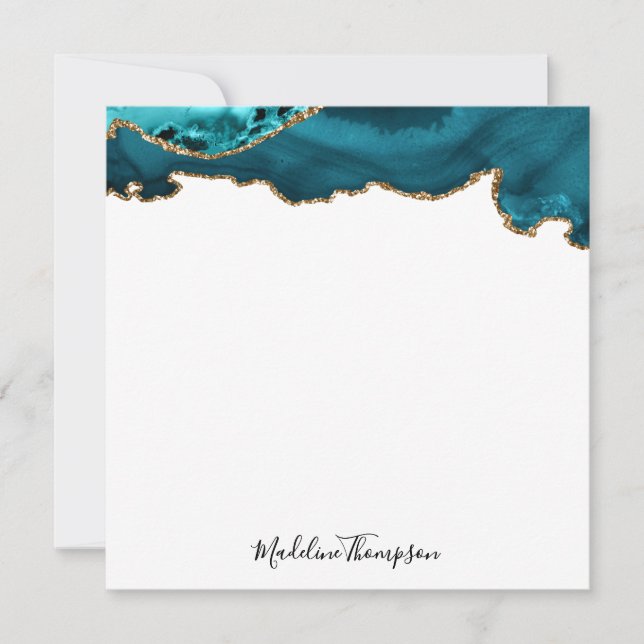Girly Teal Velvet Agate Geode Script Square Card (Front)