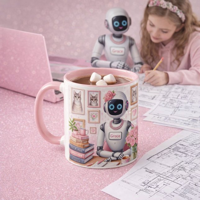 Girly Tech AI Robot Grace Pink Sparkle  Mug (Girly Tech Mug: cozy cocoa, pink sparkle desk, and AI dreams brewed for creative minds.)