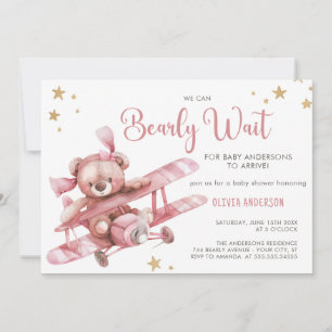 Girly Teddy Bear We Can Bearly Wait Baby Shower Invitation