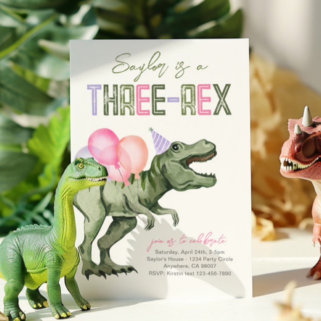 Girly Three-Rex Dinosaur Birthday Invitation (Creator Uploaded)