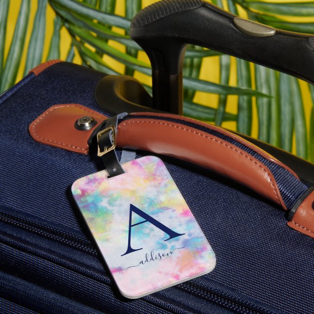 Girly Tie-Dye Colourful Monogram Name Luggage Tag (Front Insitu 1)
