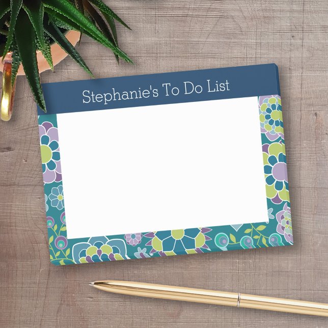 Girly To Do List Floral Pattern - Navy and Teal Post-it Notes (Personalized post-it notes - add your name and other text)
