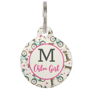 Girly Trendy Bicycles Dogs Pink Script Name Round Pet Tag