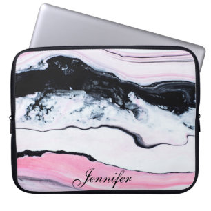 Girly TRENDY BLACK WHITE PINK MARBLE ADD YOUR NAME Laptop Sleeve