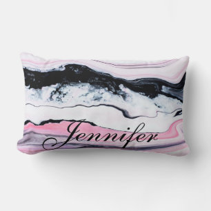 Girly TRENDY BLACK WHITE PINK MARBLE ADD YOUR NAME Lumbar Cushion