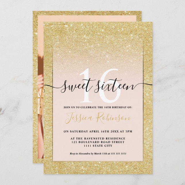 Girly trendy gold glitter ombre pink chic Sweet 16 Invitation (Front/Back)