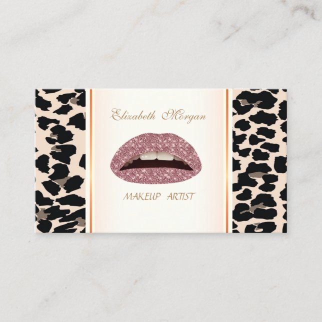 Girly Trendy Modern  Elegant,Leopard Print  ,Lips Business Card (Front)
