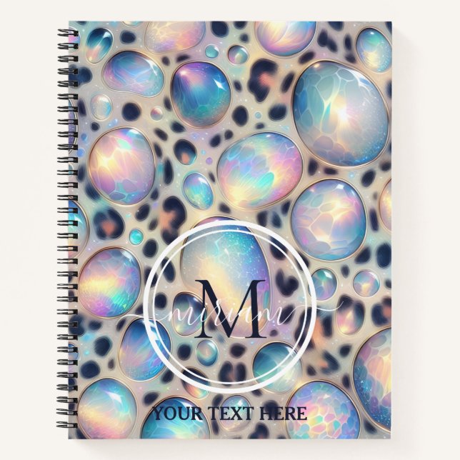Girly Trendy Opal Leopard Print Monogram Notebook (Front)