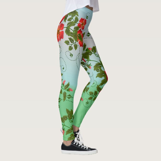 Girly Trendy Red Green White Floral Watercolor Leggings (Right)