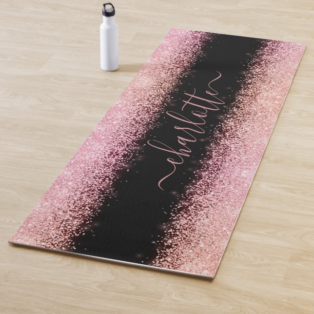 Girly Trendy Rose Gold Glitter Script Name  Yoga Mat (In Situ)