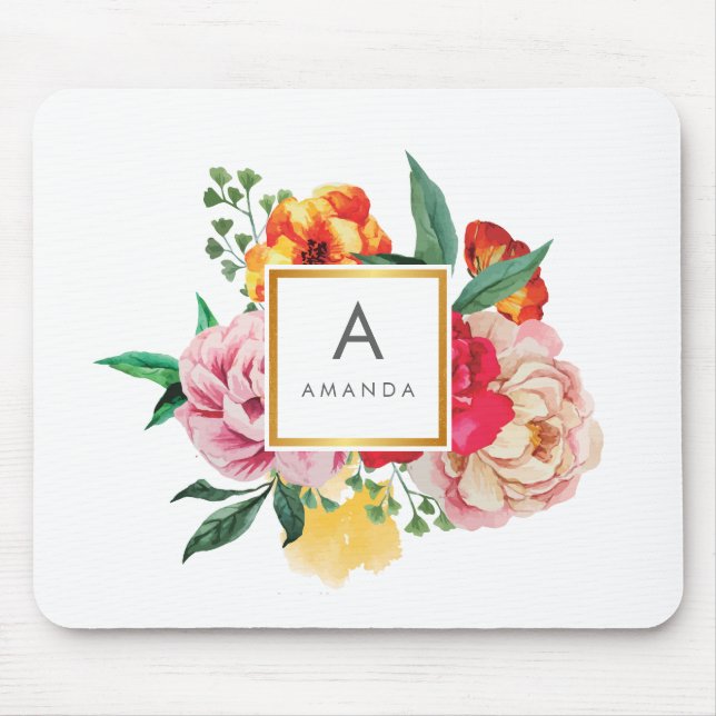 Girly TRENDY Watercolor Peony Flowers Monogram Mouse Pad (Front)