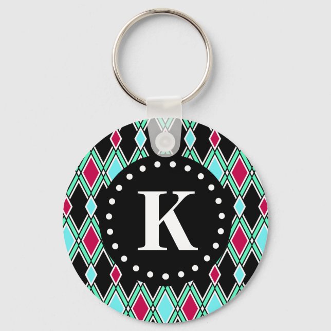 Girly Tribal Diamond Pattern Monogram Key Ring (Front)