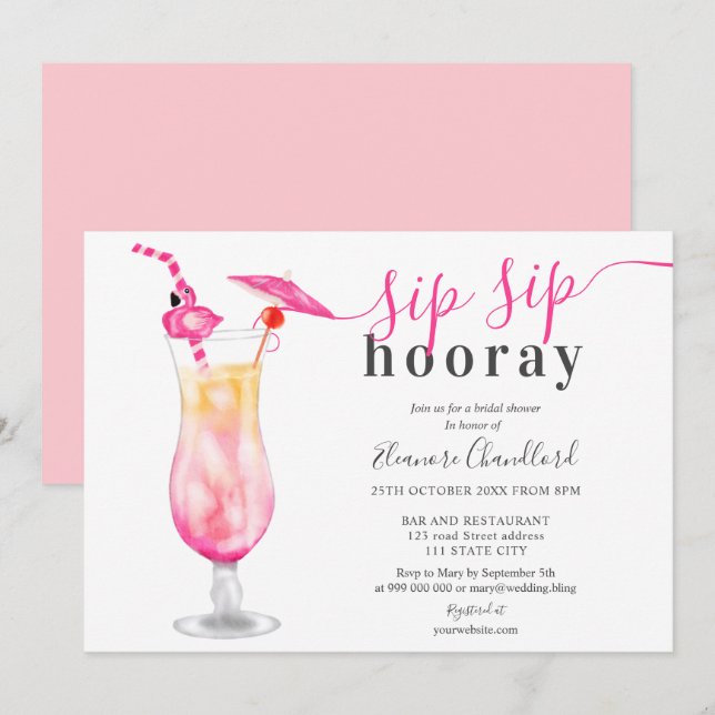 Girly tropical cocktail sip sip bridal shower invitation (Front/Back)