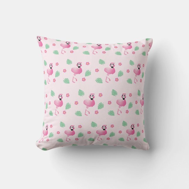 Girly Tropical Flamingo Flowers Pattern Pink Cushion (Front)