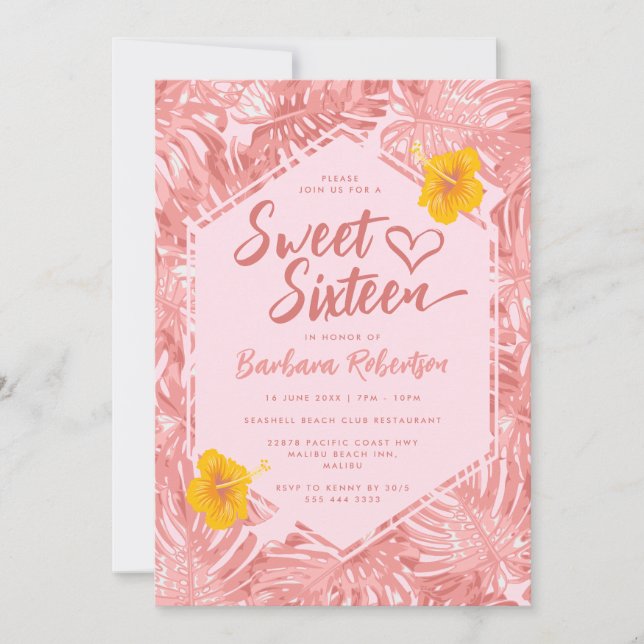 Girly Tropical Pastel Pink Floral Sweet Sixteen Invitation (Front)