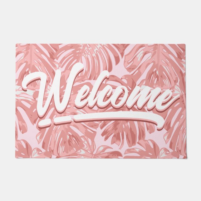 Girly Tropical Pink Palm Leaves Welcome  Doormat (Front)