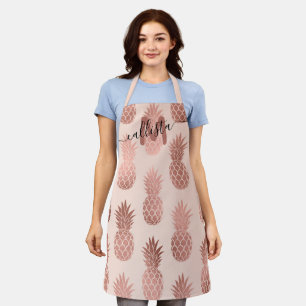 Girly Tropical Rose Gold Summer Pineapple Monogram Apron