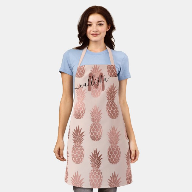 Girly Tropical Rose Gold Summer Pineapple Monogram Apron (Worn)