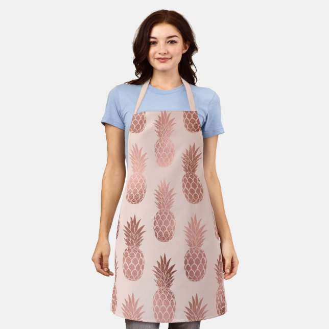 Girly Tropical Rose Gold Summer Pineapples Apron (Worn)