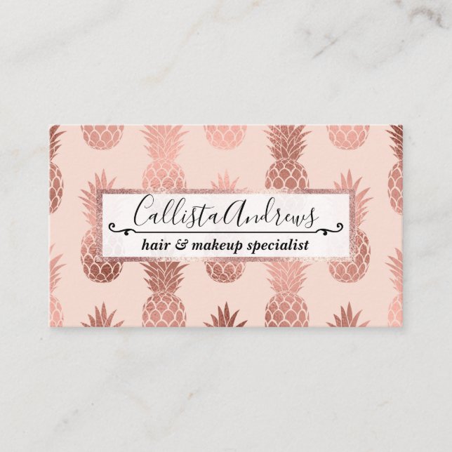Girly Tropical Rose Gold Summer Pineapples Pattern Business Card (Front)