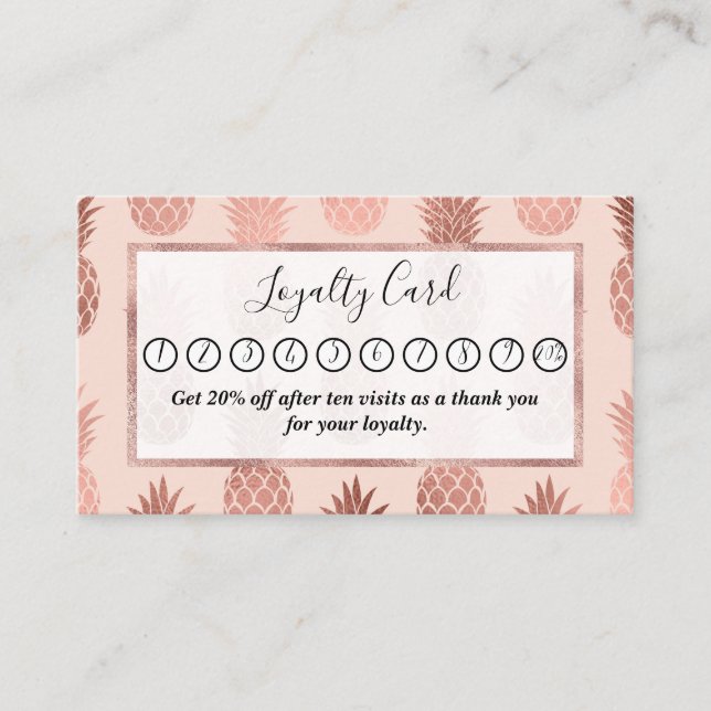 Girly Tropical Rose Gold Summer Pineapples Pattern Loyalty Card (Front)
