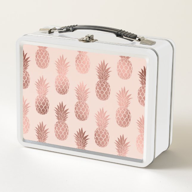 Girly Tropical Rose Gold Summer Pineapples Pattern Metal Lunch Box (Front)