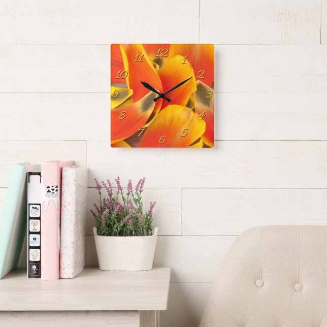 Girly Tulip Flower Petals Vibrant Orange She Shed Square Wall Clock (Reading Room)