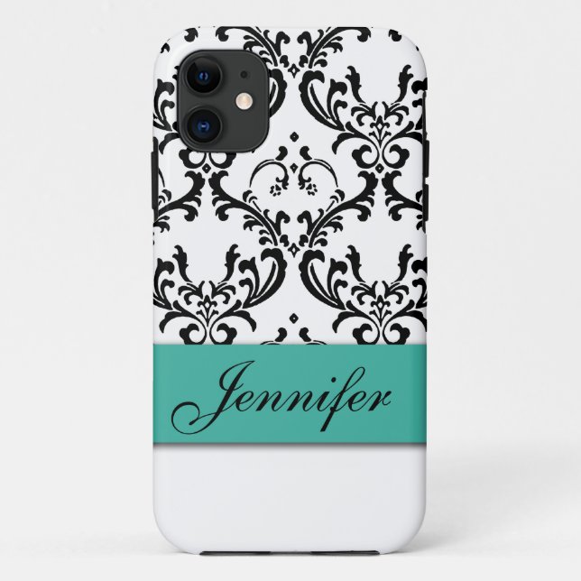 GIRLY TURQUOISE BLACK DAMASK YOUR NAME Case-Mate iPhone CASE (Back)