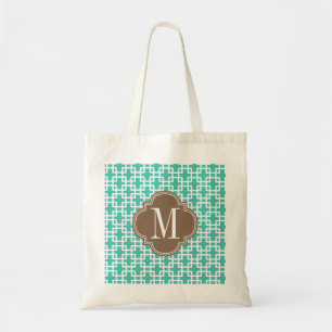 Girly Turquoise & brown Squares Pattern Custom Tote Bag