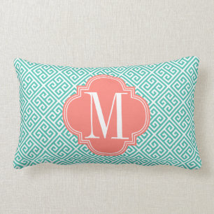 Girly Turquoise & Coral Greek Key Pattern Custom Lumbar Cushion