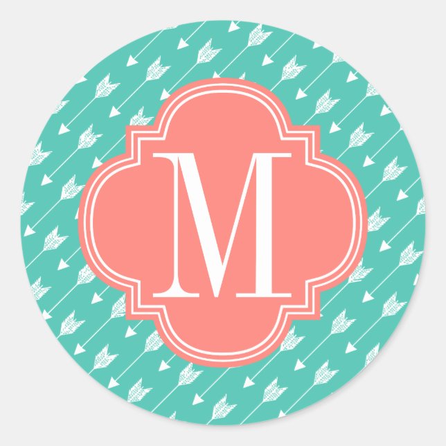 Girly Turquoise & Coral Tribal Arrows Custom Classic Round Sticker (Front)