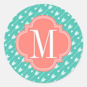 Girly Turquoise & Coral Tribal Arrows Custom Classic Round Sticker