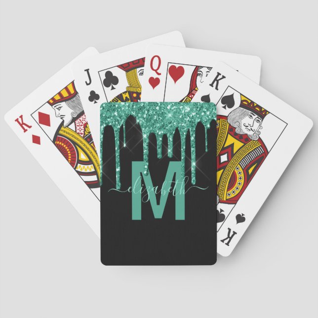 Girly Turquoise Dripping Glitter Monogram Name Playing Cards (Back)