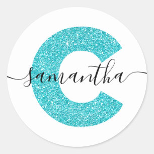 Girly Turquoise Glitter Letter C Monogram Classic Round Sticker