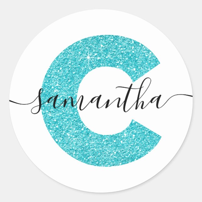 Girly Turquoise Glitter Letter C Monogram Classic Round Sticker (Front)